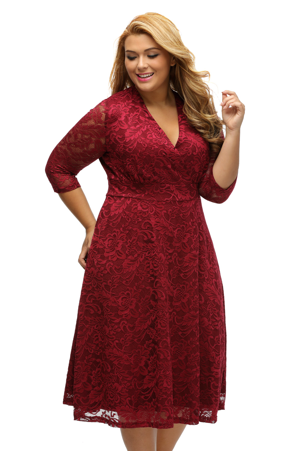 BY61442-3 Burgundy Plus Size Surplice Lace Formal Skater Dress